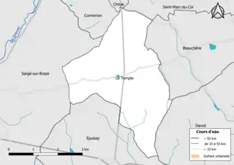 Carte en couleur présentantle réseau hydrographique de la commune