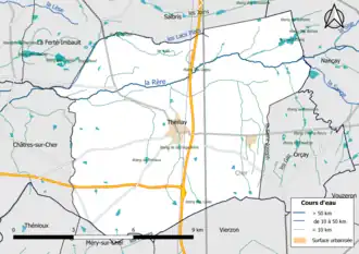 Carte en couleur présentantle réseau hydrographique de la commune