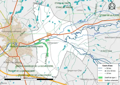 Carte des ZNIEFF de type 1 localisées dans la commune.