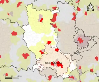 Localisation de l'aire d'attraction de Saint-Étienne dans le département de la Loire.