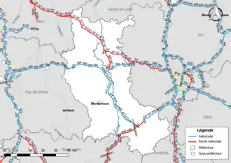 Carte du réseau routier national (autoroutes et routes nationales) dans le département de la Loire