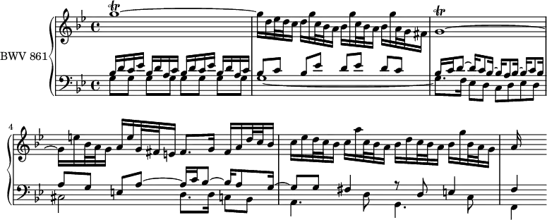 
\version "2.18.2"
\header {
  tagline = ##f
}

TrillgRup   = { \tag #'print { g'1~\trill } \tag #'midi { \repeat unfold 28 { a64 g~ } g8 }  }
TrillgR   = { \tag #'print { g1~\trill } \tag #'midi { \repeat unfold 28 { a64 g~ } g8 }  }

upper = \relative c'' {
    \clef treble 
    \key g \minor
    \time 4/4
    \tempo 4 = 44
    \set Staff.midiInstrument = #"harpsichord" 

   %% PRÉLUDE CBT I-16, BWV 861, sol mineur
    \TrillgRup g16 d ees32 d c16 d g c,32 bes a16 bes16 g' c,32 bes a16 bes16 g' a,32 g fis16
    \TrillgR g16 e' bes32 a g16 a e' g,32 fis e16 fis8. g16 fis a d32 c bes16 c ees d32 c bes16 c a' c,32 bes a16 bes d c32 bes a16 bes g' bes,32 a g16 a
   
}

lower = \relative c {
    \clef bass 
    \key g \minor
    \time 4/4
    \set Staff.midiInstrument = #"harpsichord" 

    \repeat unfold 2 { << { bes'16 d c ees bes d a c } \\ { g8[ g] g[ g] } >> }
    << { bes8 c bes[ ees] d ees d[ c] bes16 c d8~ d16 c8 bes16~ bes a8 bes16~ bes c8 bes16 a8 g e[ a~] a16 c bes8~ bes16 a8 g16~ g8 g fis4 r8 d8 e4 | f } \\ { g1~ g8. f16 ees8 d c d ees d | cis2 d8. d16 c8 bes a4. d8 g,4. c8 f,4 } >>
} 


 thePianoStaff = \new PianoStaff <<
    \set PianoStaff.instrumentName = #"BWV 861"
    \new Staff = "upper" \upper
    \new Staff = "lower" \lower
  >>

\score {
  \keepWithTag #'print \thePianoStaff
  \layout {
    \context {
      \Score
      \remove "Metronome_mark_engraver"
      \override SpacingSpanner.common-shortest-duration = #(ly:make-moment 1/2) 
    }
  }
}

\score {
  \keepWithTag #'midi \thePianoStaff
  \midi { }
}
