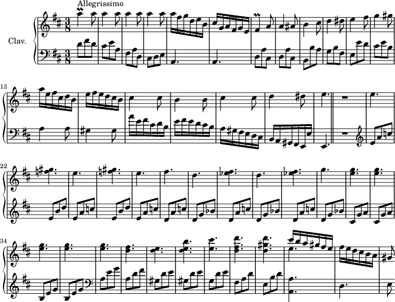 \version "2.18.2"
\header {
tagline = ##f
% composer = "Domenico Scarlatti"
% opus = "K. 359"
% meter = "Allegrissimo"
}
%% les petites notes
trillAUp = { \tag #'print { a'4\prall } \tag #'midi { b32 a b a~ a8 } }
trillFis = { \tag #'print { fis4\prall } \tag #'midi { g32 fis g fis~ fis8 } }
upper = \relative c'' {
\clef treble
\key d \major
\time 3/8
\tempo 4. = 88
\set Staff.midiInstrument = #"harpsichord"
\override TupletBracket.bracket-visibility = ##f
s8*0^\markup{Allegrissimo}
\trillAUp a8 | \repeat unfold 3 { a4 a8 } | a16 fis g d e b | cis g a fis g e |
% ms. 7
\trillFis a8 | a4 ais8 | b4 cis8 | d4 dis8 | e4 fis8 | g4 gis8 | a16 e fis cis d b |
% ms. 14
e16 fis e d cis b | cis4 cis8 | b4 b8 | cis4 cis8 | d4 dis8 | e4. R4. |
% ms. 21
\repeat unfold 2 { e4. < f gis >4. } | e4. fis | \repeat unfold 2 { d4. < ees fis > }
% ms. 31
g4. \repeat unfold 5 { < e g >4. } |
% ms. 37
< d fis >4. < d e > < d e b' > < e cis' > < d fis d' > < d gis d' > | << { cis'16 b a gis fis e } \\ { e4. } >>
% ms. 44
fis16 e d cis b a | gis8
}
lower = \relative c' {
\clef bass
\key d \major
\time 3/8
\set Staff.midiInstrument = #"harpsichord"
\override TupletBracket.bracket-visibility = ##f
% ************************************** \appoggiatura a16 \repeat unfold 2 { } \times 2/3 { } \omit TupletNumber
d8 fis d | cis e a, | fis a d, | cis d e | \repeat unfold 2 { a,4. }
% ms. 7
\repeat unfold 2 { d8 a' cis, } | b8 b' a | g b fis | e e' d | cis e b | a4 a8 |
% ms. 14
gis4 gis8 | a'16 e fis cis d b | e fis e d cis b | a gis fis e d cis | b a gis fis e e' | e,4. \bar "||" R4. | \clef treble
% ms. 21
\repeat unfold 2 { e''8 a c | e, b' d } | e, a c | d, a' c | \repeat unfold 2 { d, g bes | d, a' c } |
% ms. 31
d, g bes | \repeat unfold 2 { cis, g' a } | \repeat unfold 2 { b, e g } | \clef bass a,8 e' g |
% ms. 37
a,8 d fis | \repeat unfold 2 { gis, d' e } | g, d' e | fis, a d | e, b' d | < a, a' >4.
% ms. 44
d4. | e8
}
thePianoStaff = \new PianoStaff <<
\set PianoStaff.instrumentName = #"Clav."
\new Staff = "upper" \upper
\new Staff = "lower" \lower
>>
\score {
\keepWithTag #'print \thePianoStaff
\layout {
#(layout-set-staff-size 17)
\context {
\Score
\override SpacingSpanner.common-shortest-duration = #(ly:make-moment 1/2)
\remove "Metronome_mark_engraver"
}
}
}
\score {
\keepWithTag #'midi \thePianoStaff
\midi { }
}