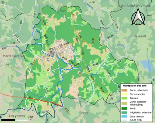 Carte en couleurs des infrastructures et de l'occupation des sols de la commune.