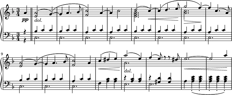 \relative c' {
\new PianoStaff <<
\new Staff { \key d \minor \time 3/4 \set Score.tempoHideNote = ##t \tempo 2.=52
<<
{
\partial 4 a'4 \bar "||" <a e>2_\markup { \italic dol. }( g4~)( g a4. bes8 <c f,>2) a4~ a s2 d( c4~\<) c( d4. e8\! g2\> f4~\!) f c4.( a8) <a e>2( g4~)( g a4. bes8 <c f,>2) a4 c\<( dis e) a2\!( e4) f( e8) r r dis e2.~\< e2 a4\!
}
\\
{
s4 s2 s4 s s4. s8 s2 s4 s c,2 <e, g bes>2. s4 s4. s8 <a c>2. s4 s4. s8 s2 s4 s s4. s8 s2 s4 s s s a2._\markup { \italic dol. }
}
>>
}
\new Dynamics {
s\pp
}
\new Staff { \key d \minor \time 3/4 \clef bass
<<
{ r4 bes,4 c c bes c c a c c a c c bes c c bes c c a c c a c c bes c c bes c c a c c s s s r <a c> <a c> r <gis d'> <gis d'> }
\\
{ r4 c,2. c c c c c c c c c c f4 <a c> <a c> e2. e a4 <a c e>4-.( <a c e>4-. <a c e>4-. <a c e>4-. <a c e>4-.) }
>>
}
>>
}