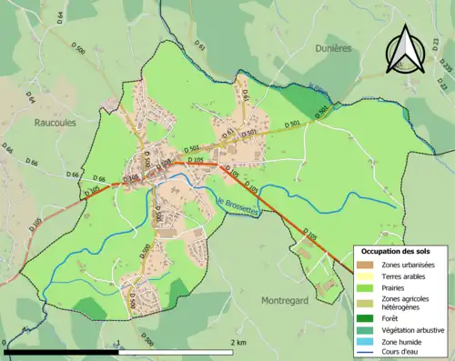 Carte en couleurs des infrastructures et de l'occupation des sols de la commune.