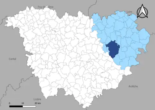 Carte représentant le commune et l'arrondissement dans le département de la Haute-Loire.