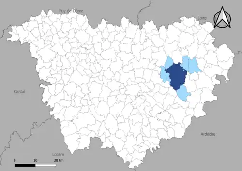 Carte représentant le commune et le canton dans le département de la Haute-Loire.