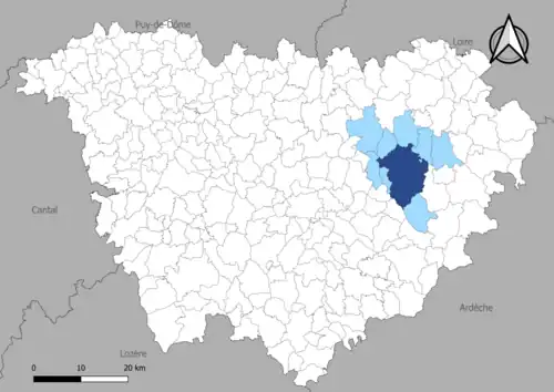 Carte représentant le commune et l'intercommunalité dans le département de la Haute-Loire.