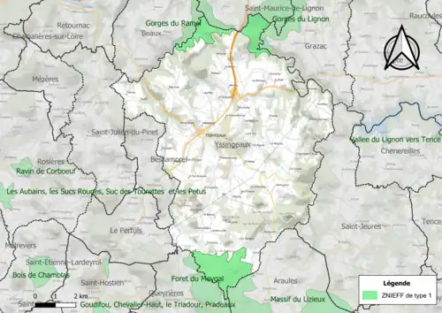 Carte des ZNIEFF de type 1 sur la commune.