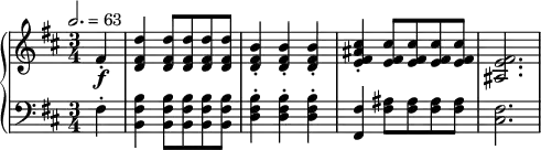 
\version "2.18.2"
\header {
  tagline = ##f
}
upper = \relative c' {
  \clef treble 
  \key b \minor
  \time 3/4
  \tempo 2. = 63
  %\override TupletBracket.bracket-visibility = ##f

   %%Schubert — Menuet D.894
   \partial 4 fis4-.\f < d' fis, d >4 q8 q q q | < b fis d >4-. q-. q-. |
   < cis fis, e ais >4-. < cis fis, e >8 q q q < fis, e ais, >2. 

}

lower = \relative c {
  \clef bass
  \key b \minor
  \time 3/4

   fis4-. < b fis b, >4 < b fis b, >8 q q q < b fis d >4-. q-. q-. < fis fis, >4 < ais fis >8 q q q < fis cis >2.
}

  \header {
    piece = ""
  }

\score {
  \new PianoStaff <<
    \new Staff = "upper" \upper
    \new Staff = "lower" \lower
  >>
  \layout {
    \context {
      \Score
      
    }
  }
  \midi { }
}
