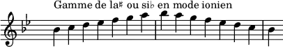 \relative c'' {
\key bes \ionian
\clef treble \time 7/4 \hide Staff.TimeSignature bes4^\markup { Gamme de la♯ ou si♭ en mode ionien } c d ees f g a bes a g f ees d c bes}