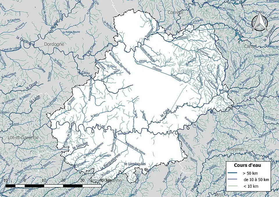 Carte de l'ensemble du réseau hydrographique du Lot.