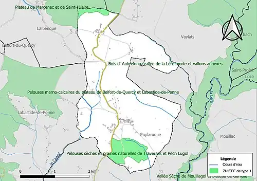 Carte des ZNIEFF de type 1 sur la commune.