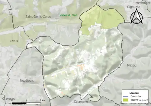 Carte de la ZNIEFF de type 2 sur la commune.