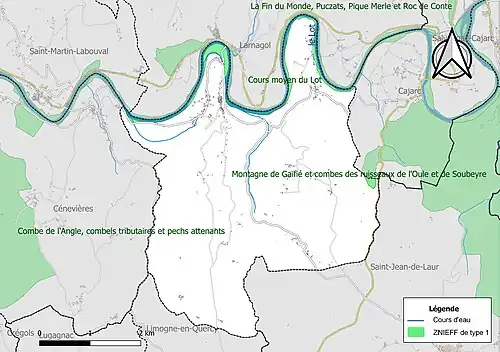 Carte des ZNIEFF de type 1 sur la commune.