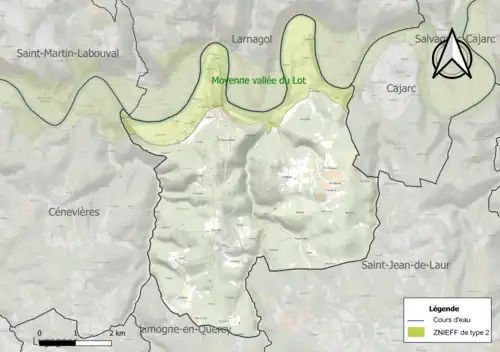 Carte de la ZNIEFF de type 2 sur la commune.