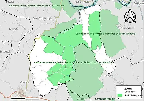 Carte des ZNIEFF de type 1 sur la commune.