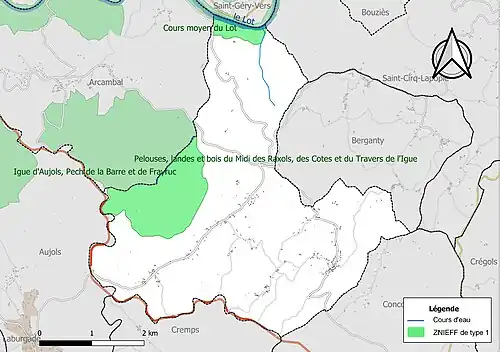 Carte des ZNIEFF de type 1 sur la commune.