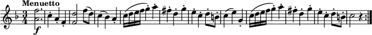 \relative c' {
\version "2.18.2"
\clef "treble"
\tempo "Menuetto"
\key f \major
\time 3/4
<a' f'>2. \f
c4-. a-. f-.
<f d'>2 f'8 (d)
c4 (bes) a-.
c16 (d e f g4-.) a-.
fis-. d-. g-.
e-. c-. d8-. b-.
c4 (e) g,-.
c16 (d e f g4-.) a-.
fis-. d-. g-.
e-. c-. d8-. b-.
c2 r4 \bar ":|."
}