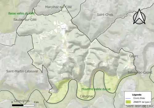 Carte de la ZNIEFF de type 2 sur la commune.