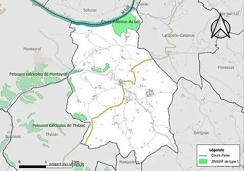 Carte des ZNIEFF de type 1 sur la commune.