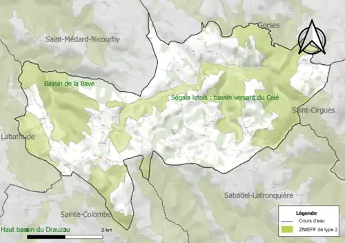 Carte des ZNIEFF de type 2 sur la commune.