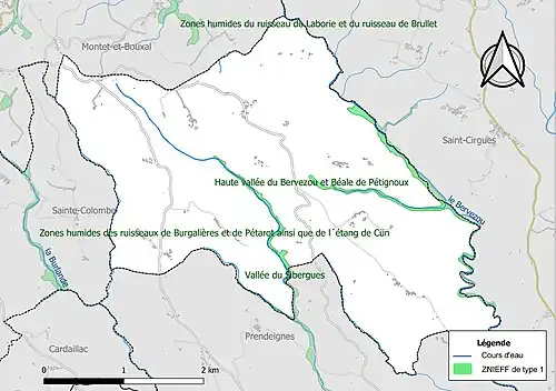 Carte des ZNIEFF de type 1 sur la commune.