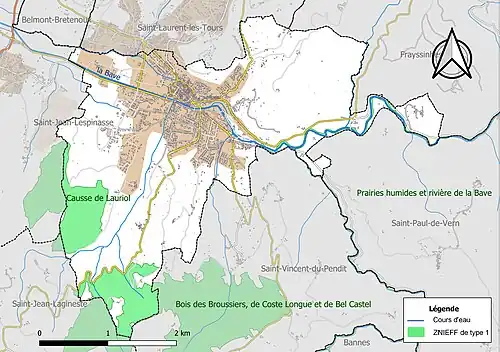 Carte des ZNIEFF de type 1 sur la commune.