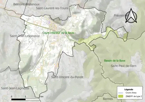 Carte des ZNIEFF de type 2 sur la commune.