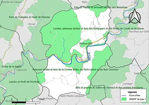 Carte des ZNIEFF de type 1 sur la commune.