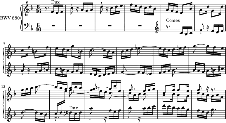 
\version "2.18.2"
\header {
  tagline = ##f
}

Dux    = { f16^\markup{Dux} e f | c'8-! r16 a g a | d8-! r16 c d e | f e d c d bes | a g f }
Comes  = { r8.^\markup{Comes} c16 bes c | f8-! r16 e d e | a8-! r16 g a b | c b a g a f | e d c }

upper = \relative c' {
  \clef treble 
  \key f \major
  \time 6/16
  \tempo 8. = 96
  \set Staff.midiInstrument = #"harpsichord" 

   %% FUGUE CBT II-11, BWV 880, fa majeur
   r8. \Dux e8 bes'16 | a8 d16 g,8 d'16 c8 f16 b,8 f'16 | e16 d c | g'8 b,16 | c8.~ c16  bes a | bes c d ees8.~ | ees16 d c d e f | g8.~ g16 f e | f g a bes8.~ | \stemUp bes16 a g
   << { a bes a | g8.~ g16 c e, f8. e16 f g | c,8 f16 f8 e16 f8 r16 r8. } \\ { f8.~ f16 e d c8.~ c16 a bes~ bes8. | a8 bes16 a8 g16 c bes a g a f } >>

}

lower = \relative c {
  \clef bass 
  \key f \major
  \time 6/16
  \set Staff.midiInstrument = #"harpsichord" 
    
    R4.*4 \clef treble \relative c' \Comes d'16 e f g8.~ g16 f ees | f g a bes8.~ bes16 a g a b cis d8.~ d16 c bes 
    << { c16 d \stemDown \change Staff = "upper" e } \\ { r8. \change Staff = "lower" \clef bass \relative c \Dux bes,8. } >>
    
} 

\score {
  \new PianoStaff <<
    \set PianoStaff.instrumentName = #"BWV 880"
    \new Staff = "upper" \upper
    \new Staff = "lower" \lower
  >>
  \layout {
    \context {
      \Score
      \remove "Metronome_mark_engraver"
      \override SpacingSpanner.common-shortest-duration = #(ly:make-moment 1/2)
    }
  }
  \midi { }
}
