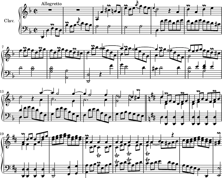 
\version "2.18.2"
\header {
  tagline = ##f
  % composer = "Domenico Scarlatti"
  % opus = "K. 552"
  % meter = "Allegretto"
}

%% les petites notes
trillCis      = { \tag #'print { cis4\prall } \tag #'midi { d32 cis d ces~ cis8 } }
trillEUp      = { \tag #'print { e'4\prall } \tag #'midi { f32 e f e~ e8 } }
trillD        = { \tag #'print { d4\prall } \tag #'midi { e32 d e d~ d8 } }
trillFq       = { \tag #'print { f8\prall } \tag #'midi { g32 f g f } }
trillDq       = { \tag #'print { d8\prall } \tag #'midi { e32 d e d } }
trillBesUp    = { \tag #'print { bes'4\prall } \tag #'midi { c32 bes c bes~ bes8 } }
trillF        = { \tag #'print { f4\prall } \tag #'midi { g32 f g f~ f8 } }
trillAUp      = { \tag #'print { a'8\prall } \tag #'midi { bes32 a bes a } }

trillFisqDown = { \tag #'print { fis,8\prall } \tag #'midi { g32 fis g fis } }
trillFisq     = { \tag #'print { fis8\prall } \tag #'midi { g32 fis g fis } }
trillAq       = { \tag #'print { a8\prall } \tag #'midi { b32 a b a } }
trillA        = { \tag #'print { a4^\prall } \tag #'midi { b32 a b a~ a8 } }
trillGqUp     = { \tag #'print { g'8^\prall } \tag #'midi { a32 g a g } }
trillFqUp     = { \tag #'print { f'8^\prall } \tag #'midi { g32 f g f } }
trillAE       = { \tag #'print { < a e' >4\prall } \tag #'midi { << { fis32 e fis e~   \tempo 2 = 35 e8   \tempo 2 = 70 } \\ { a4 } >> } }
trillCisT     = { \tag #'print { cis4\trill } \tag #'midi { d32 cis d cis~ cis8 } }
trillET       = { \tag #'print { e4\trill } \tag #'midi { fis32 e fis e~ e8 } }
trillAT       = { \tag #'print { a4\trill } \tag #'midi { b32 a b a~ a8 } }
trillCisqT    = { \tag #'print { cis8\trill } \tag #'midi { d32 cis d cis } }
trillGisB     = { \tag #'print { < gis b >4\prall } \tag #'midi { << { cis32 b cis b~ b8 } \\ { gis4 } >> } }
appoEDb       = { \tag #'print { \appoggiatura e4 d2 } \tag #'midi { e8 d4. } }

upper = \relative c'' {
  \clef treble 
  \key d \minor
  \time 2/2
  \tempo 2 = 70
  \set Staff.midiInstrument = #"harpsichord"
  \override TupletBracket.bracket-visibility = ##f

      s8*0^\markup{Allegretto}
      R1*2 | \tag #'print a,4 \tag #'midi r4  a'4 \trillCis b8 a | e'4\prall d8 e \acciaccatura a8 g4 f8 e |
      % ms. 5
      \appoEDb r4 \repeat unfold 2 { a4 | \trillD } e4 | f \trillFq g8 \repeat unfold 2 { f8 d \trillFq g8 } f8 e \trillDq cis |
      % ms. 9
      d4 \trillAUp bes8 << { a2~ | a4 s4 g2~ | g4  s4 f2~ | f8 e f g } \\ { a8 f d a | bes4 \trillGqUp a8 g e bes g | a4 \trillFqUp g8 f d a f | g2 } >> f'8 e \trillDq cis8 |
      % ms. 13
      d2 r4 
      << { a'4~ | a g2 g4~ | g f2 f4 | d2 d4 \trillCis } 
      \\ { a4 | bes2. g4 | a2. a4 | < g e' >2 < a e' > } >>  \bar "||"    \key d \major

      % ms. 17
      << { d4 } \\ { d4 } >>
      << { \trillFisqDown g8 fis d \trillFisq g8 | fis4 \trillAq b8 a fis \trillAq b8 | \trillA d8 e d a fis' g }
      \\ { d,4 s4 d4 | d fis s4 fis4 fis fis fis d' } >> | < d fis >8 < e g > < fis a > < g b >  < fis a > < d fis > < e g > < d fis >
      % ms. 21
      \trillAE 
      << { \repeat unfold 8 { a4 } a4 b r4 } 
      \\ { \repeat unfold 2 { cis,8 d | \trillCisT } \repeat unfold 2 { e8 fis \trillET } a4~ a8 gis a b } >> | cis8 < a cis > < b d > < cis e > < d fis > < cis e > < b d > < a cis > |
      % ms. 25
      \trillGisB

}

lower = \relative c' {
  \clef bass
  \key d \minor
  \time 2/2
  \set Staff.midiInstrument = #"harpsichord"
  \override TupletBracket.bracket-visibility = ##f

    % ************************************** \appoggiatura a16  \repeat unfold 2 {  } \times 2/3 { }   \omit TupletNumber 
      d,,4 d' \trillF e8 d | \trillBesUp a8 bes \acciaccatura e8 d4 c8 bes | a2 a | g a |
      % ms. 5
      d,4 f'8 g \repeat unfold 2 { f8 d f g } f e d cis | d2 < bes d > | < g bes d > < a, a' >
      % ms. 9
      < d, d' >2 r4 f''4 | g e2 d4 | cis d2 d4 | << { s4 e4 < d f > e | d } \\ { < g, d' >2 a | d,4 } >> 
      % ms. 13 suite
      f'8 g f d a f | g4 e'8 f e bes g e  | f4 d'8 e d a f d | g4 a8 bes a g f e |   \key d \major
      % ms. 17
       \tempo 2 = 35 d4 \tempo 2 = 70 \repeat unfold 11 { < d, d' >4 } | q2 < fis fis' >4 < g g' > |
      % ms. 21
       < a a' >4 a'8 b \trillAq e8 a b | \trillAT   cis8 d \trillCisqT a8 cis d | \trillCisT cis8 d e d cis b | a g fis e d4 d, |
      % ms. 25
      < e e' >2*1/2

}

thePianoStaff = \new PianoStaff <<
    \set PianoStaff.instrumentName = #"Clav."
    \new Staff = "upper" \upper
    \new Staff = "lower" \lower
  >>

\score {
  \keepWithTag #'print \thePianoStaff
  \layout {
      #(layout-set-staff-size 17)
    \context {
      \Score
     \override SpacingSpanner.common-shortest-duration = #(ly:make-moment 1/2)
      \remove "Metronome_mark_engraver"
    }
  }
}

\score {
  \keepWithTag #'midi \thePianoStaff
  \midi { }
}
