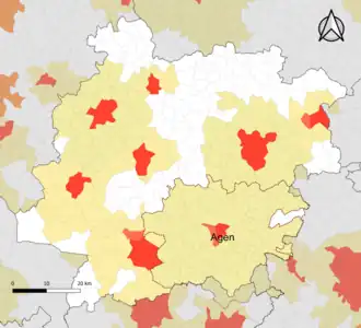 Localisation de l'aire d'attraction d'Agen dans le département de Lot-et-Garonne.