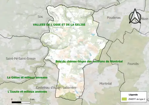 Carte de la ZNIEFF de type 2 sur la commune.