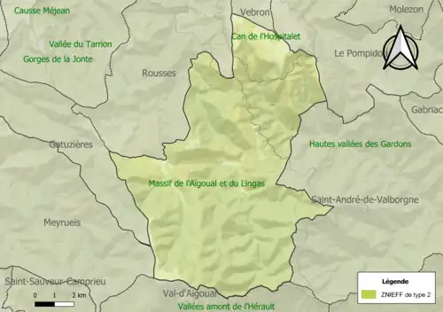 Carte des ZNIEFF de type 2 sur la commune.
