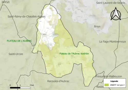 Carte des ZNIEFF de type 2 sur la commune.