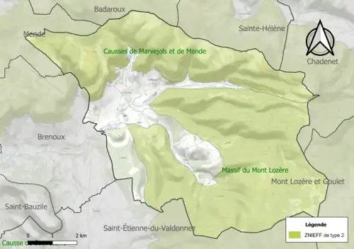 Carte des ZNIEFF de type 2 sur la commune.