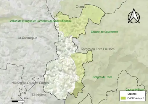 Carte des ZNIEFF de type 2 sur la commune.
