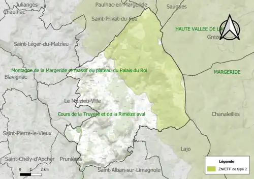Carte des ZNIEFF de type 2 sur la commune.