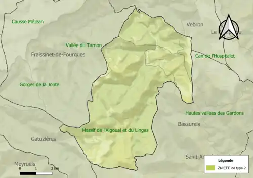 Carte des ZNIEFF de type 2 sur la commune.