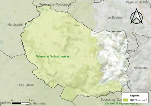 Carte de la ZNIEFF de type 2 sur la commune.