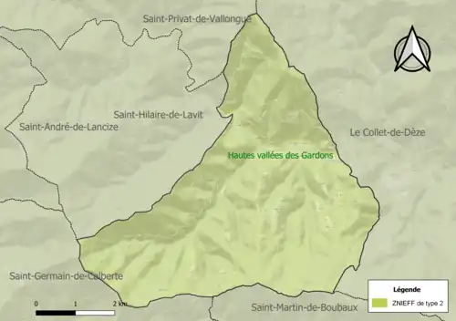 Carte de la ZNIEFF de type 2 sur la commune.