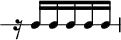
\header {
  tagline = ##f
}

\score {
  \new RhythmicStaff {
    \time 3/8
    \numericTimeSignature
    \omit Staff.TimeSignature

   r16 c16 c c c c

  }
  \layout {
   % indent = #0
  }
  \midi {}
}
