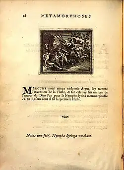 Pan découvrant la nymphe Syrinx cachée derrière des roseaux, Isaac de Benserade et Sébastien Leclerc, 1676, Académie de Lyon.