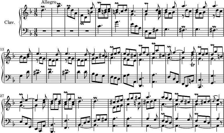 \version "2.18.2"
\header {
tagline = ##f
}
%% les petites notes
trillDp = { \tag #'print { d4.\prall } \tag #'midi { e32 d e d~ d8~ d8 } }
trillBesp = { \tag #'print { a'4.\prall } \tag #'midi { bes32 a bes a~ a8~ a8 } }
trillFqDown = { \tag #'print { f,8\prall } \tag #'midi { g32 f g f } }
trillFq = { \tag #'print { f8\prall } \tag #'midi { g32 f g f } }
trillEq = { \tag #'print { e8\prall } \tag #'midi { f32 e f e } }
trillDq = { \tag #'print { d8\prall } \tag #'midi { e32 d e d } }
trillC = { \tag #'print { c4\prall } \tag #'midi { d32 c d c~ c8 } }
trillCq = { \tag #'print { c8\prall } \tag #'midi { d32 c d c } }
trillFisp = { \tag #'print { fis4.\prall } \tag #'midi { g32 fis g fis~ fis8~ fis8 } }
trillCisp = { \tag #'print { cis4.\prall } \tag #'midi { d32 cis d cis~ cis8~ cis8 } }
trillDqtrill = { \tag #'print { d8\trill } \tag #'midi { e32 d e d } }
upper = \relative c'' {
\clef treble
\key d \minor
\time 3/8
\tempo 4 = 110
\set Staff.midiInstrument = #"harpsichord"
s8*0^\markup{Allegro}
\trillDp \trillBesp | \trillFq d8 a | << { s4 f'8 | \trillEq d8 e | \trillDq c8 d | c4. \trillC d8 | d4 g8 } \\ { \trillFqDown d8 b' | c b c | b4. g g4 < a c >8 | bes8 a bes } >> |
% ms. 10
<< { a'4. | d,4 g8 | a4. | s4 d,8 | \repeat unfold 2 { e4. s4 d8~} d4 cis8 } \\ { \repeat unfold 2 { r8 d8 c | bes a bes } | \repeat unfold 2 { r8 a8 g f e f } g8 a bes } >>
% ms. 19 à 30
<< { \trillDq e8 f | e d cis | \trillDq f8 d | \trillEq a8 cis, | \trillDq f4~ | f4 f8 | \trillEq d e | \trillDq g8 b, | \trillCq e4~ | e4 e8 | d f d | \trillCq f c } \\ { a4. | g8 f e | f4. | a4. | a4.~ | a4 \trillDqtrill | g,4. g4. | g4.~ | g4 c8 | bes8 f' bes, | a f' a, } >>
% ms. 31
\trillDp | \trillDp | << { cis8 d e f g gis | a4. } \\ { e,8 f g | a4 b8 | cis8 d e } >>
% ms. 36
<< { a8 g f | \trillEq d8 cis | \trillDq cis d | \appoggiatura d8 e4 } \\ { a,4.~ a~ a | a4 } >> r8
}
lower = \relative c' {
\clef bass
\key d \minor
\time 3/8
\set Staff.midiInstrument = #"harpsichord"
% **************************************
R4.*4 | c4. g' e8 c a | e c fis | g4.
% ms. 10
\trillFisp | g4. | \trillFisp | g4 d'8 | \trillCisp | \trillDp | \trillCisp | d4 d8 | bes8 a g |
% ms. 19
f8 e d | g a a, | < d, d'>4. < a' a' > | f'8 d a f d b' < c, c' >4. < g' g' > | e'8 c g |
% ms. 28
e8 c a' | < bes, bes' >4. < f' f' > | << { \mergeDifferentlyDottedOn bes8 d e | f g gis } \\ { bes,4.~ bes } >> < a a' >4. q | \repeat unfold 2 { << { a'4 g8 | \trillFq e8 d } \\ { a4.~ a~ } >> }
% ms. 37
<< { a'4 } \\ { a,4 } >> r8
}
thePianoStaff = \new PianoStaff <<
\set PianoStaff.instrumentName = #"Clav."
\new Staff = "upper" \upper
\new Staff = "lower" \lower
>>
\score {
\keepWithTag #'print \thePianoStaff
\layout {
#(layout-set-staff-size 17)
\context {
\Score
\override SpacingSpanner.common-shortest-duration = #(ly:make-moment 1/2)
\remove "Metronome_mark_engraver"
}
}
}
\score {
\keepWithTag #'midi \thePianoStaff
\midi { }
}