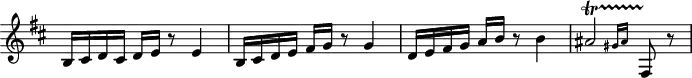 
\header {
  tagline = ##f
}

\score {
  \new Staff \with {
     \remove "Time_signature_engraver"
  }
<<
  \relative c' {
    \key d \major
    \time 3/4 
    \override TupletBracket #'bracket-visibility = ##f 
    %\autoBeamOff

     %%%%%%%%%
     b16 cis d cis d e r8 e4 | b16 cis d e fis g r8 g4 |
     d16 e fis g a b r8 b4 | \afterGrace ais2\startTrillSpan { gis16 ais } fis,8\stopTrillSpan r8

     % f,8 r8 \afterGrace a'2\startTrillSpan { g16[( a] } bes4\stopTrillSpan r8 bes16 a g f ees d |
     % g4 r8 g16 f ees d c bes | ees4 r8 ees16 d c d c bes
     

  }
>>
  \layout {
     \context { \Score \remove "Metronome_mark_engraver" }
  }
  \midi {
    \tempo 4=138
  }
}
