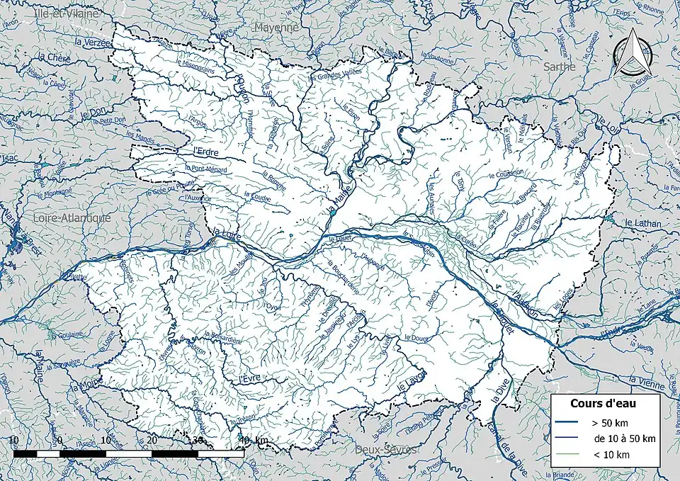 Carte de l'ensemble du réseau hydrographique de Maine-et-Loire.