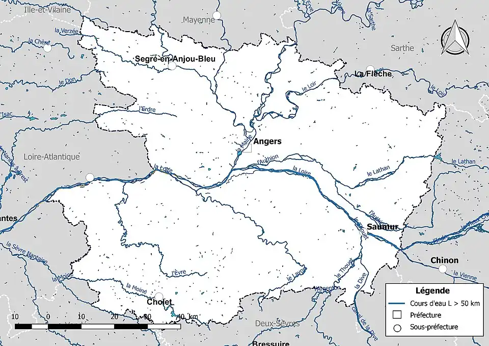 Carte des cours d'eau de longueur supérieure à 50&nbsp;km de Maine-et-Loire.