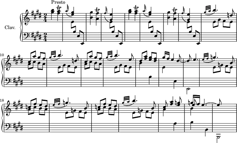 
\version "2.18.2"
\header { 
  tagline = ##f
  % composer = "Domenico Scarlatti"
  % opus = "K. 20"
  % meter = "Presto"
}

%% les petites notes
trillFisAccord = { \tag #'print { << { \stemDown fis'4\trill } \\ { a,4 } >> } \tag #'midi { << { gis'32 fis gis fis~ fis8 } \\ { a,4 } >> } }
trillAAccord   = { \tag #'print { < fis a >4\trill } \tag #'midi { << { b32 a b a~ a8 } \\ { fis4 } >> } }

upper = \relative c'' {
  \clef treble 
  \key e \major
  \time 2/4
  \tempo 4 = 132
  \set Staff.midiInstrument = #"harpsichord"
  \override TupletBracket.bracket-visibility = ##f

      s8*0^\markup{Presto}
      \repeat unfold 2 { < gis' b >4 \trillAAccord | \appoggiatura a32 \stemUp < e gis >4 s4 \stemNeutral | < b gis' >4 \trillFisAccord | \appoggiatura fis'32 \stemUp < gis, e' >4 s4  \stemNeutral } |
      % ms. 9
      \repeat unfold 2 { \grace {   \tempo 4 = 45 gis'32( a } \stemUp \tempo 4 = 132 b4.) d,8  | cis a' gis fis } | \grace {   \tempo 4 = 45 gis32( a } \stemUp \tempo 4 = 132 b4.) e,8  | dis < fis a > < e gis > < dis fis > |
      % ms. 15
      gis16 fis e4 dis8~ | dis e4. | \repeat unfold 2 { \grace {   \tempo 4 = 45 e32( fis } \stemUp \tempo 4 = 132 g4.) b,8  | c fis e dis } | \grace {   \tempo 4 = 45 gis32( a } \stemUp \tempo 4 = 132 b4.) b,8  |
      % ms. 22
      cis8 < fis a >4 < e g >8 << { g16 fis e4.~ | e8 } \\ { \shiftOn \stemUp e8 } \\ { \stemDown b4 } >>
      % ms. 29


}

lower = \relative c' {
  \clef bass
  \key e \major
  \time 2/4
  \set Staff.midiInstrument = #"harpsichord"
  \override TupletBracket.bracket-visibility = ##f

    % ************************************** \appoggiatura a8  \repeat unfold 2 {  } \times 2/3 { }   \omit TupletNumber 
      \repeat unfold 4 { s2 |  \stemDown \change Staff = "upper" e8 \stemUp \change Staff = "lower" b e, e, } | 
      % ms. 9
      \repeat unfold 2 { \stemDown \change Staff = "upper"  e''8 gis fis e | a cis b a  } | e8 gis fis e | b'4 \change Staff = "lower" b, \stemDown \change Staff = "upper" |
      % ms. 15
      e4  \change Staff = "lower" e, | e,2 | \repeat unfold 2 { \stemDown \change Staff = "upper"  e''8 g fis e | a c b a  } | e8 g fis e |
      % ms. 22
      a4  \stemNeutral \change Staff = "lower"  a, | b b, | b,2 |
      % ms. 29
      

}

thePianoStaff = \new PianoStaff <<
    \set PianoStaff.instrumentName = #"Clav."
    \new Staff = "upper" \upper
    \new Staff = "lower" \lower
  >>

\score {
  \keepWithTag #'print \thePianoStaff
  \layout {
      #(layout-set-staff-size 17)
    \context {
      \Score
     \override SpacingSpanner.common-shortest-duration = #(ly:make-moment 1/2)
      \remove "Metronome_mark_engraver"
    }
  }
}

\score {
  \keepWithTag #'midi \thePianoStaff
  \midi { }
}
